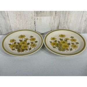 Spring Bouquet Stoneware Yellow Floral Green Band Bread & Butter‎ Plate Set of 2